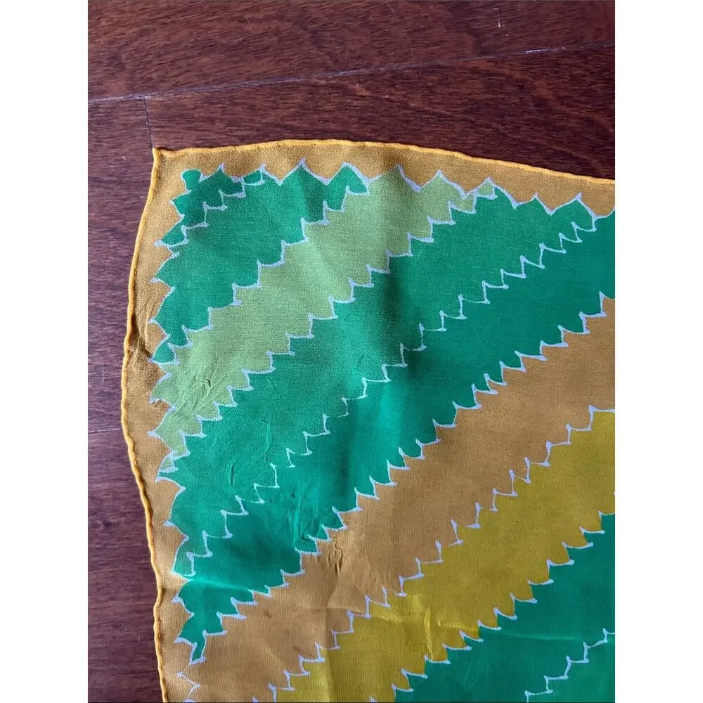 Vintage Silky Lightweight Green and Yellow Geometric Scarf